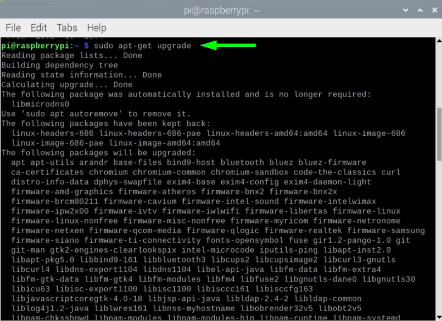 A screenshot of sudo apt-get upgrade command in Raspbian
